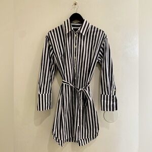 Grey and white striped cotton tunic dress, with belt. Size s.